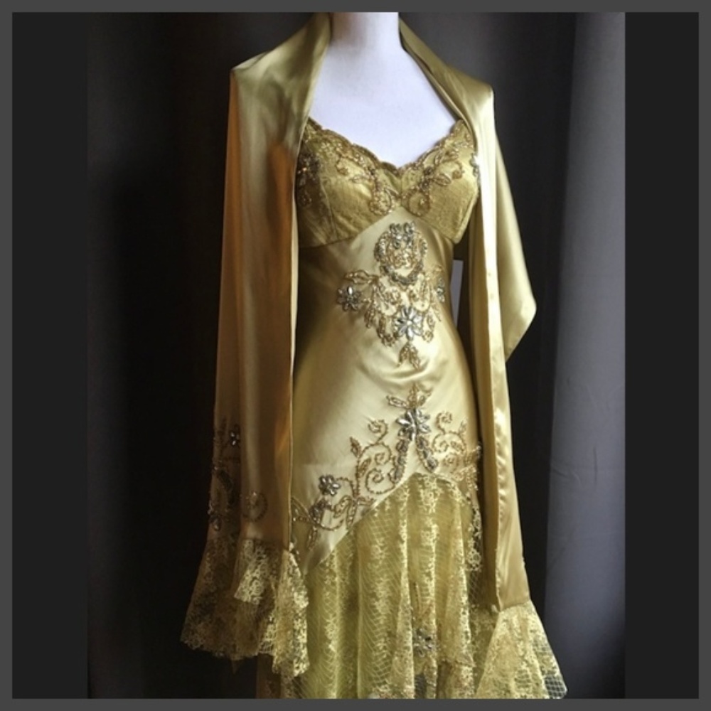Sue Wong Silk Dress & Shawl with Beading & Lace